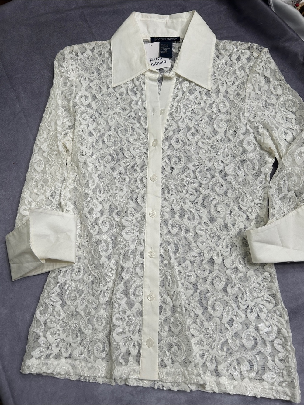 Boston Proper Ivory Lace Button-Up Shirt with Contrast Collar Size 10